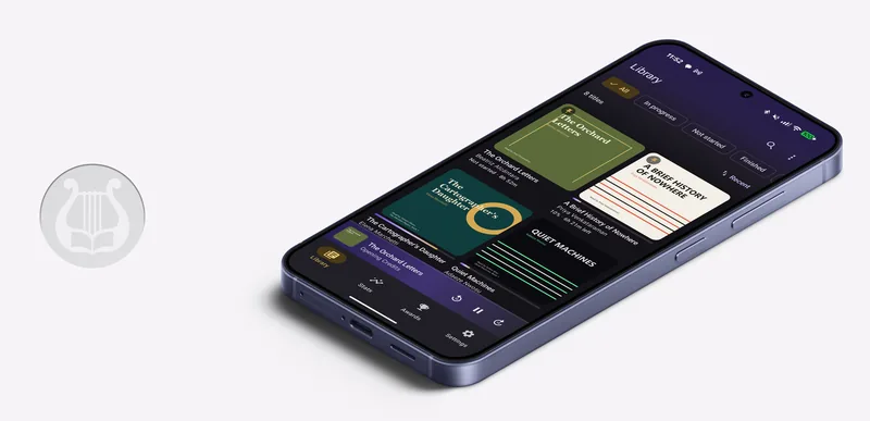An Android phone lying flat showing a Kithara library in grid view: covers with progress bars, filter chips, and the mini player