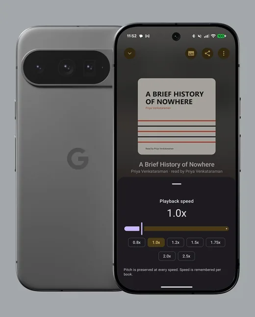 The playback speed sheet on a Pixel: a slider from 0.5x with preset chips for 0.8x to 2.5x, and a note that pitch is preserved and speed is remembered per book
