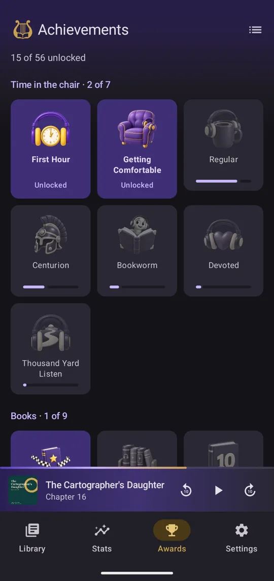 Achievements screen: 15 of 56 unlocked, with drawn icons for First Hour, Getting Comfortable, Regular, Centurion, Bookworm, Devoted and Thousand Yard Listen, and progress bars on locked ones
