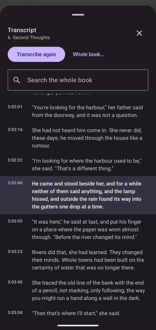 Transcript sheet with timestamped passages, the current line highlighted, and a search box for the whole book